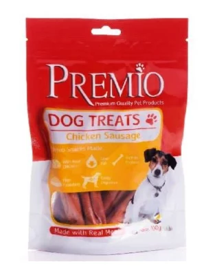 חטיף פרמיו נקניקיות עוף לכלבים, מגיע בצורת מיני נקניקיות.