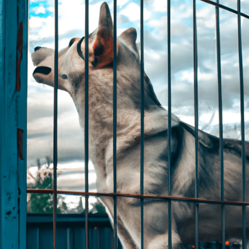 תמונה של כלב בכלוב עם גדר, מביט מהמצלמה