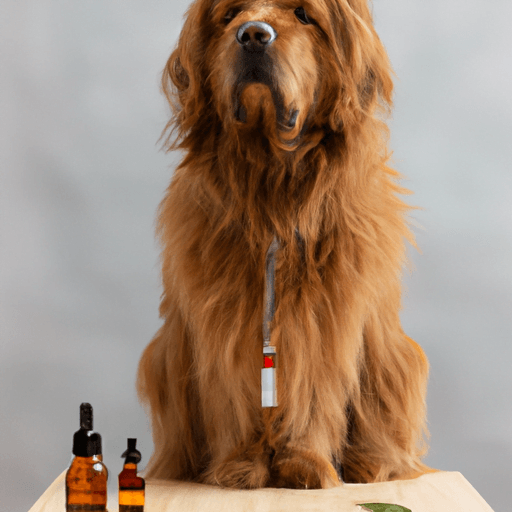 תקריב של כלב חום פרוותי יושב מול בקבוק שמן CBD
