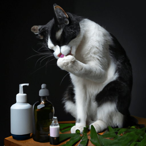 תקריב של חתול לבן ושחור מלקק את כפו כשהוא יושב ליד בקבוק שמן CBD