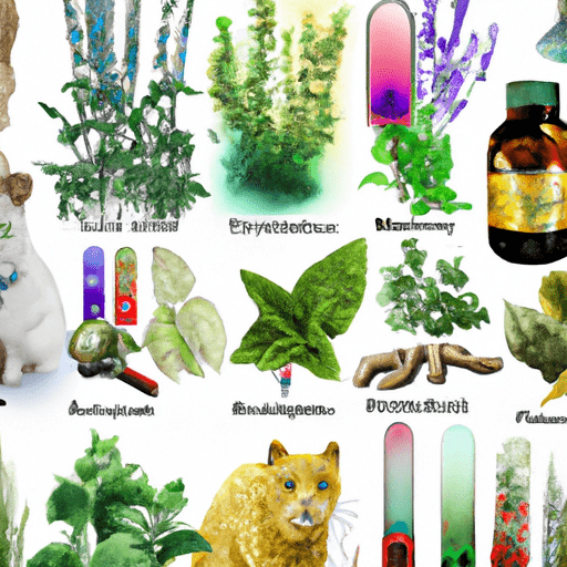 המחשה של מגוון צמחי מרפא המשמשים בטיפולים טבעיים לחתולים