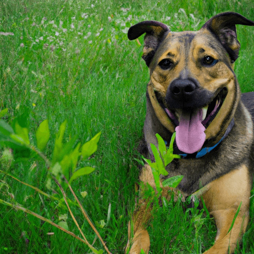 תמונה של כלב חייכן שוכב בשדה ירוק שופע