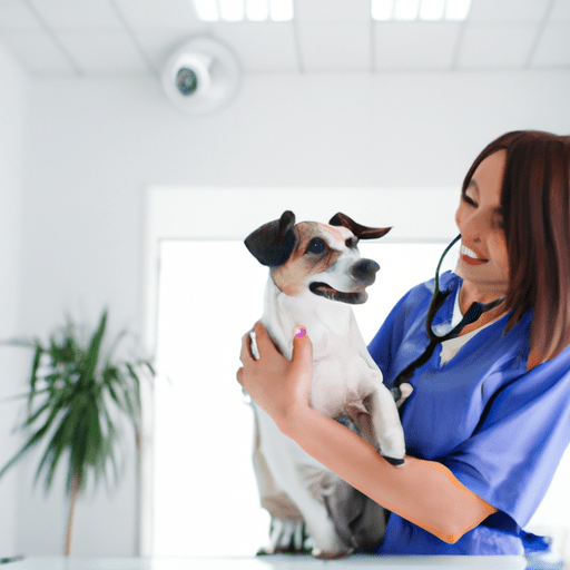 תמונה של וטרינר בוחן כלב במרפאה מוארת ועליזה