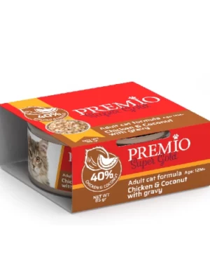 שימורי פרמיו סופר גולד חתול נתחוני עוף וקוקוס 85 גרם