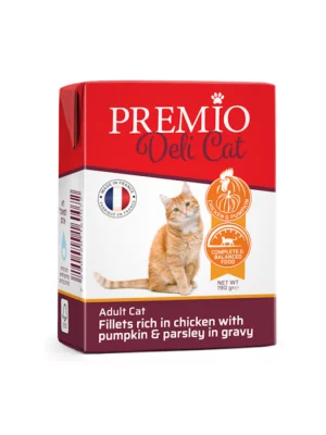 פרמיו דליקט נתחי בשר עוף עם דלעת ופטרוזליה ברוטב לחתול בוגר 190גרם