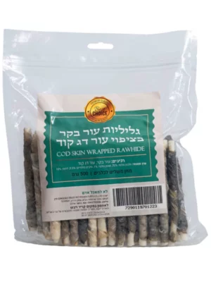 חטיף גליליות עור בקר ועור דג לכלב 500 גרם